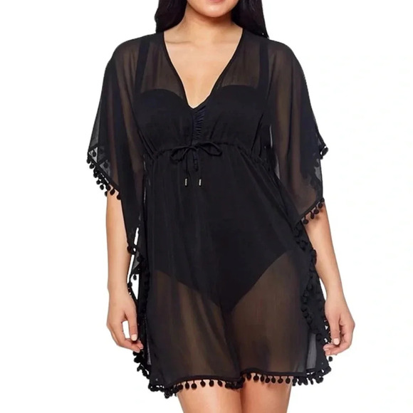 BLEU ROD BEATTIE Plus Size Gypset Chiffon Caftan Swim Cover Up Black Size 1X NWT - Picture 1 of 9